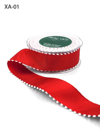 1.5 Inch Taffeta Ribbon with Pom Pom Wired Edge – XA-01 – RED/WHITE