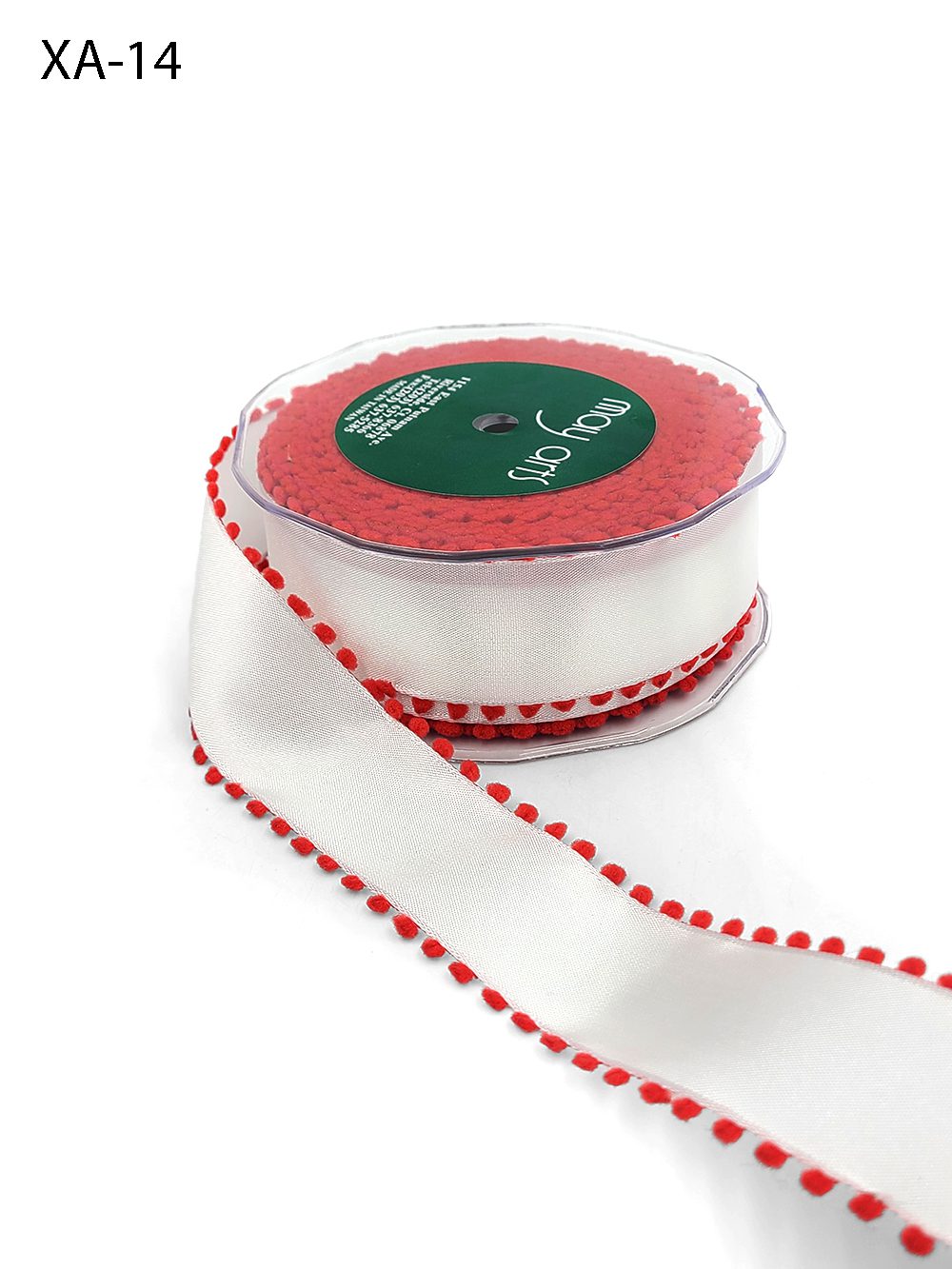 1.5 Inch Taffeta Ribbon with Pom Pom Wired Edge – XA-14 – WHITE/RED
