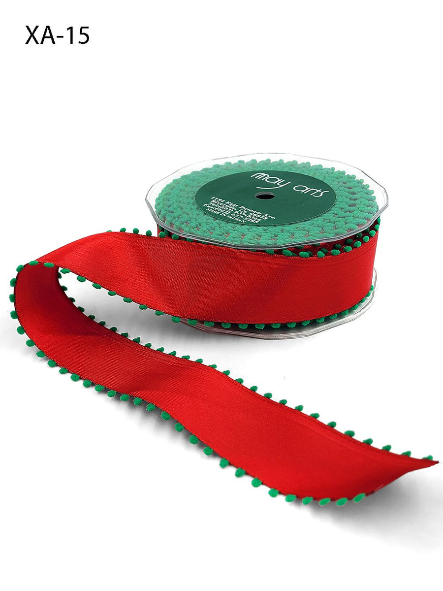 1.5 Inch Taffeta Ribbon with Pom Pom Wired Edge – XA-15 – RED/GREEN