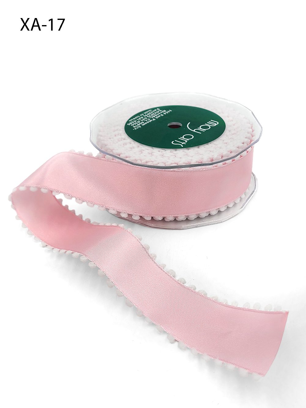 1.5 Inch Taffeta Ribbon with Pom Pom Wired Edge – XA-17 – PINK/WHITE