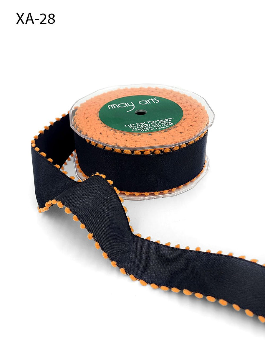 1.5 Inch Taffeta Ribbon with Pom Pom Wired Edge – XA-28 – BLACK/ORANGE