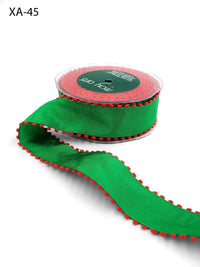 1.5 Inch Taffeta Ribbon with Pom Pom Wired Edge – XA-45 – GREEN/RED