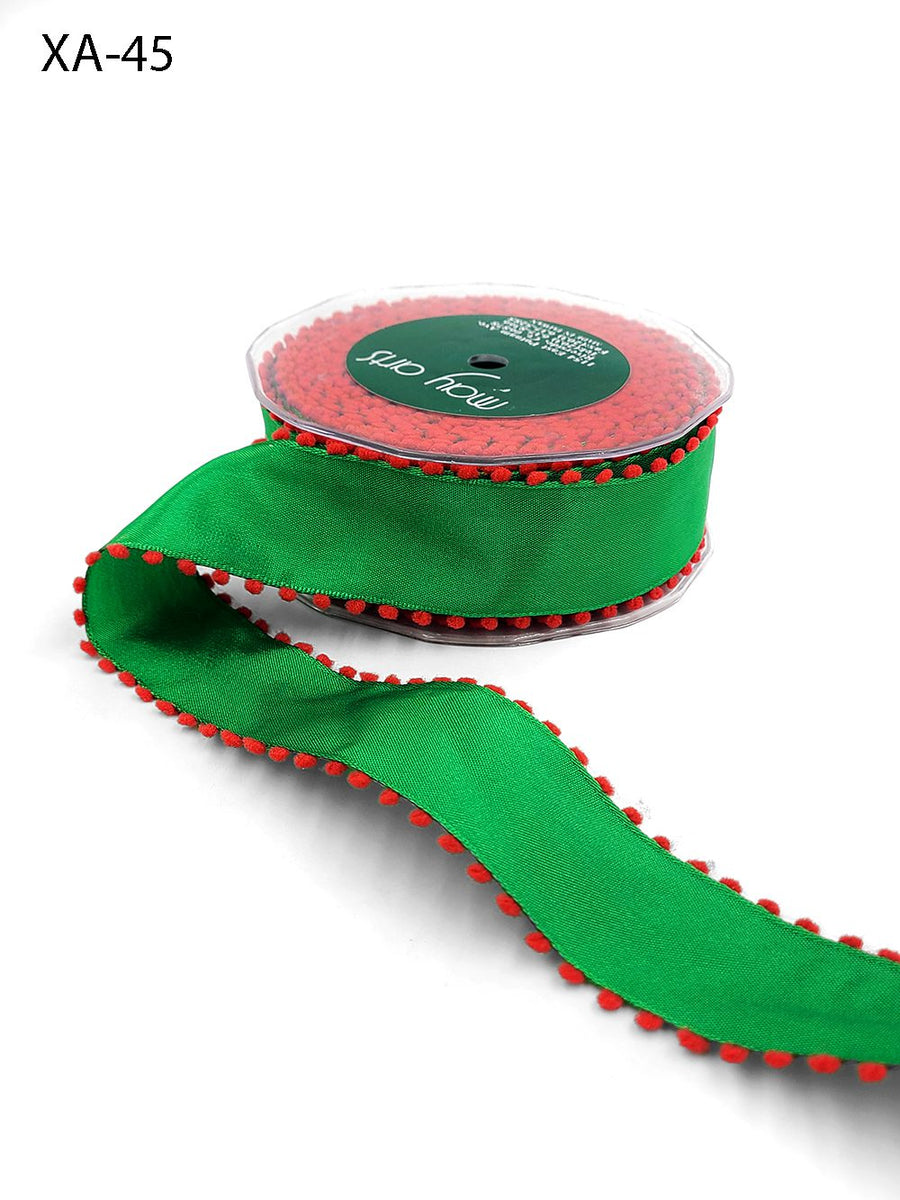 1.5 Inch Taffeta Ribbon with Pom Pom Wired Edge – XA-45 – GREEN/RED