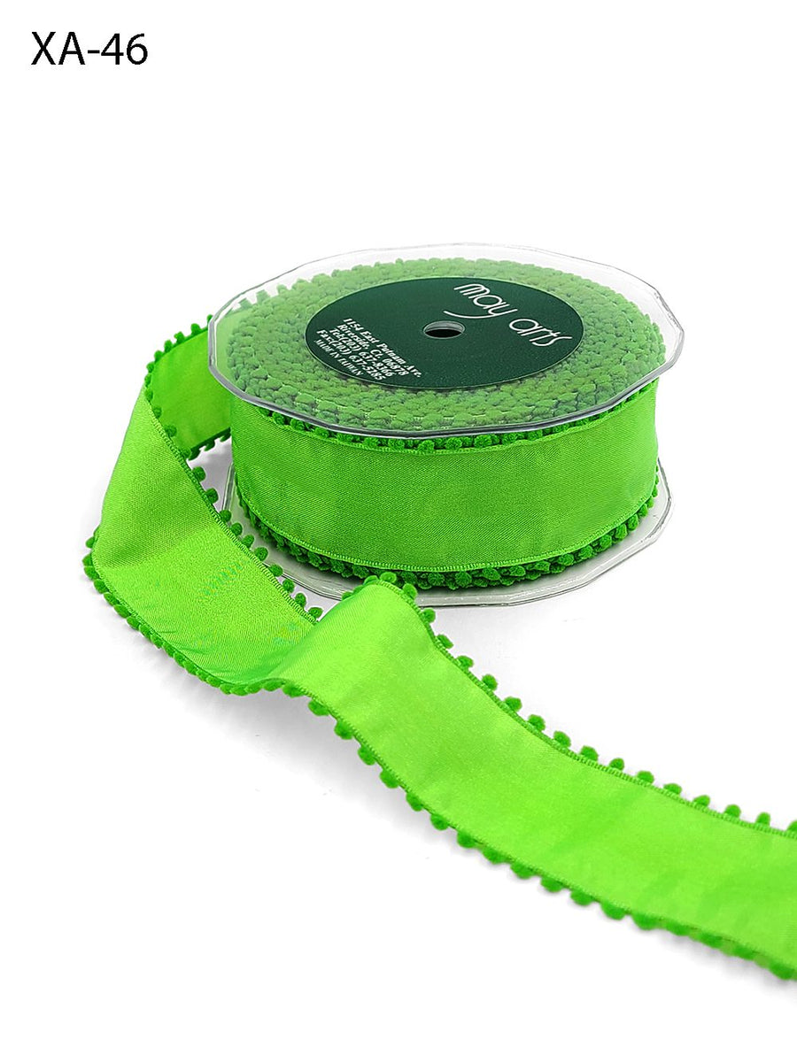1.5 Inch Taffeta Ribbon with Pom Pom Wired Edge – XA-46 – PARROT GREEN