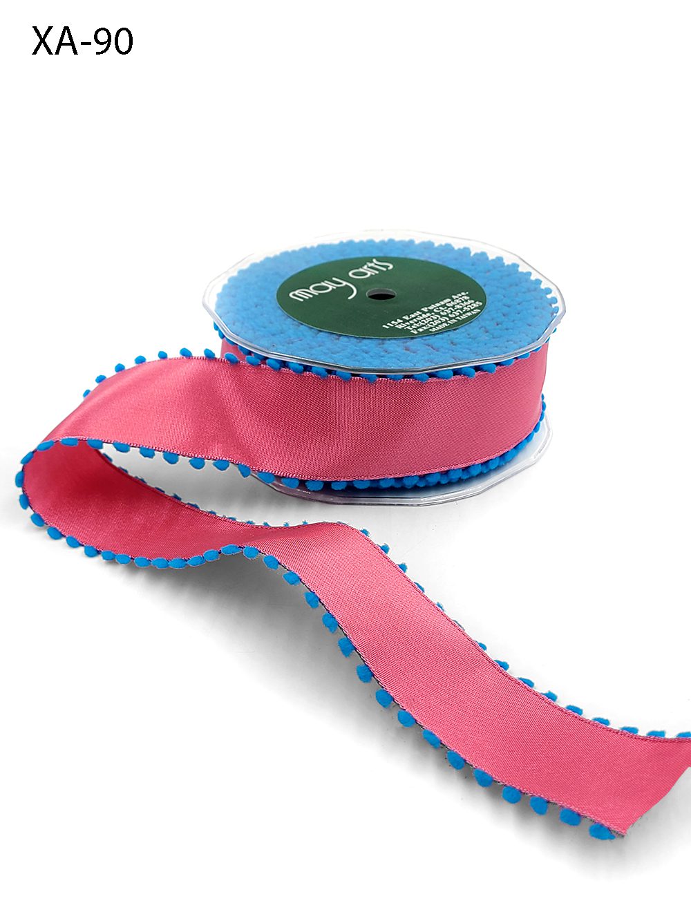 1.5 Inch Taffeta Ribbon with Pom Pom Wired Edge – XA-90 – PINK/BLUE