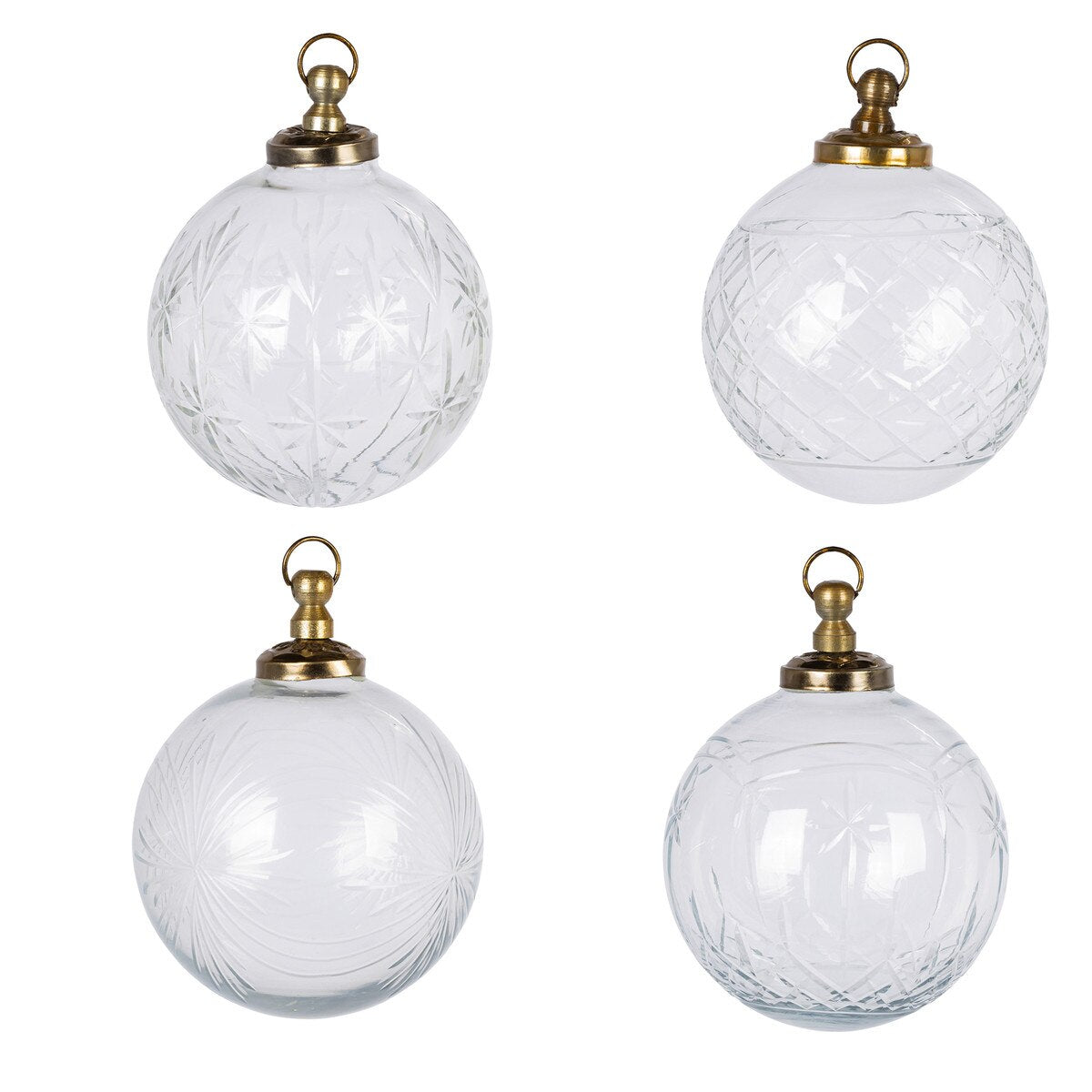 4" Clear Glass Etched Ornaments, Boxed Set of 4