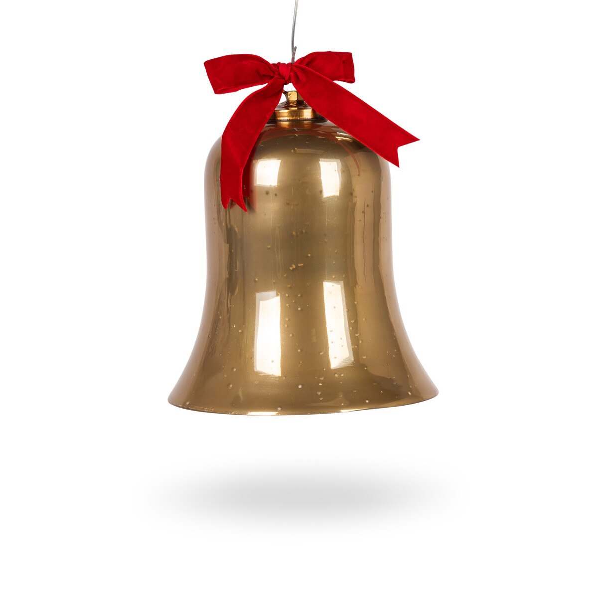 8"H Mercury Gold Glass Bell Ornament with Red Velvet Ribbon
