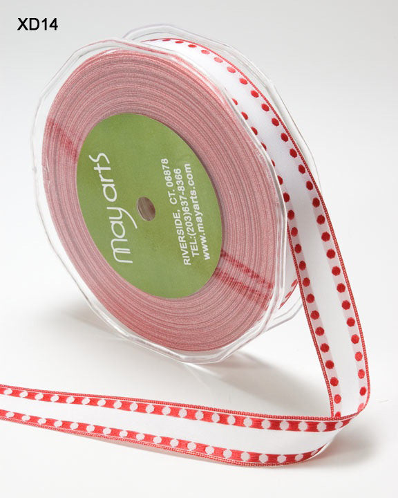 5/8 Inch Woven Solid Dot Edge (Wired) Ribbon – XD14 – WHITE / RED DOTS