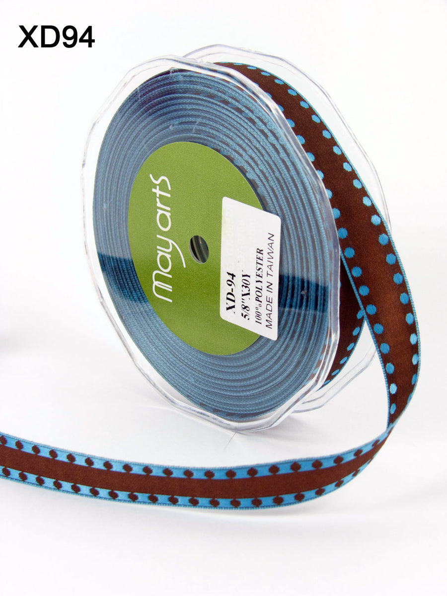 5/8 Inch Woven Solid Dot Edge (Wired) Ribbon – XD94 – BROWN/BLUE DOTS