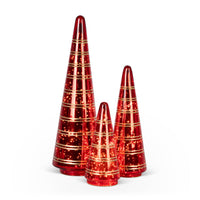 Lighted Red Etched Glass Tabletop Tree, Set of 3, Lg is 15.75