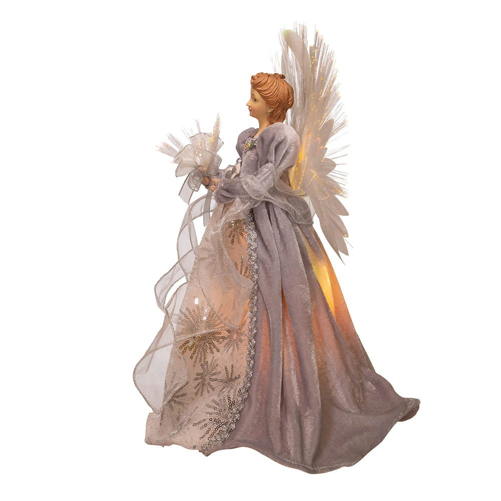 16" Fiber-Optic White, Silver and Grey Angel Treetop
