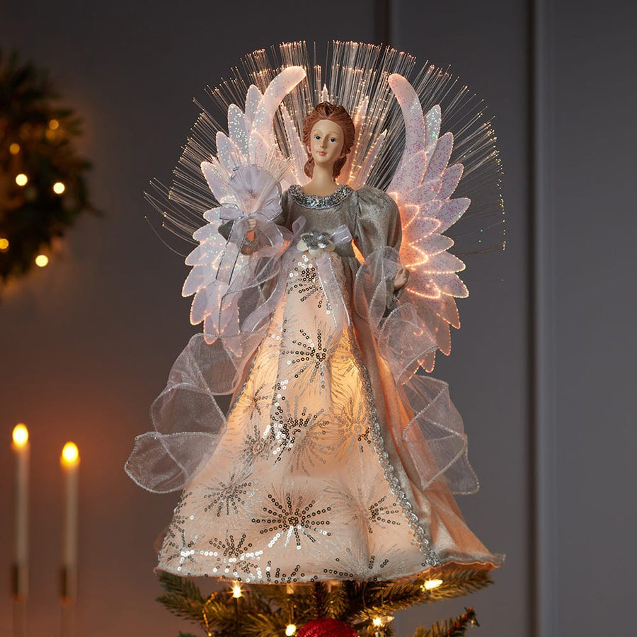 16" Fiber-Optic White, Silver and Grey Angel Treetop