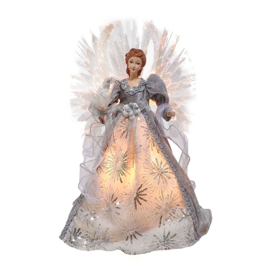 16" Fiber-Optic White, Silver and Grey Angel Treetop