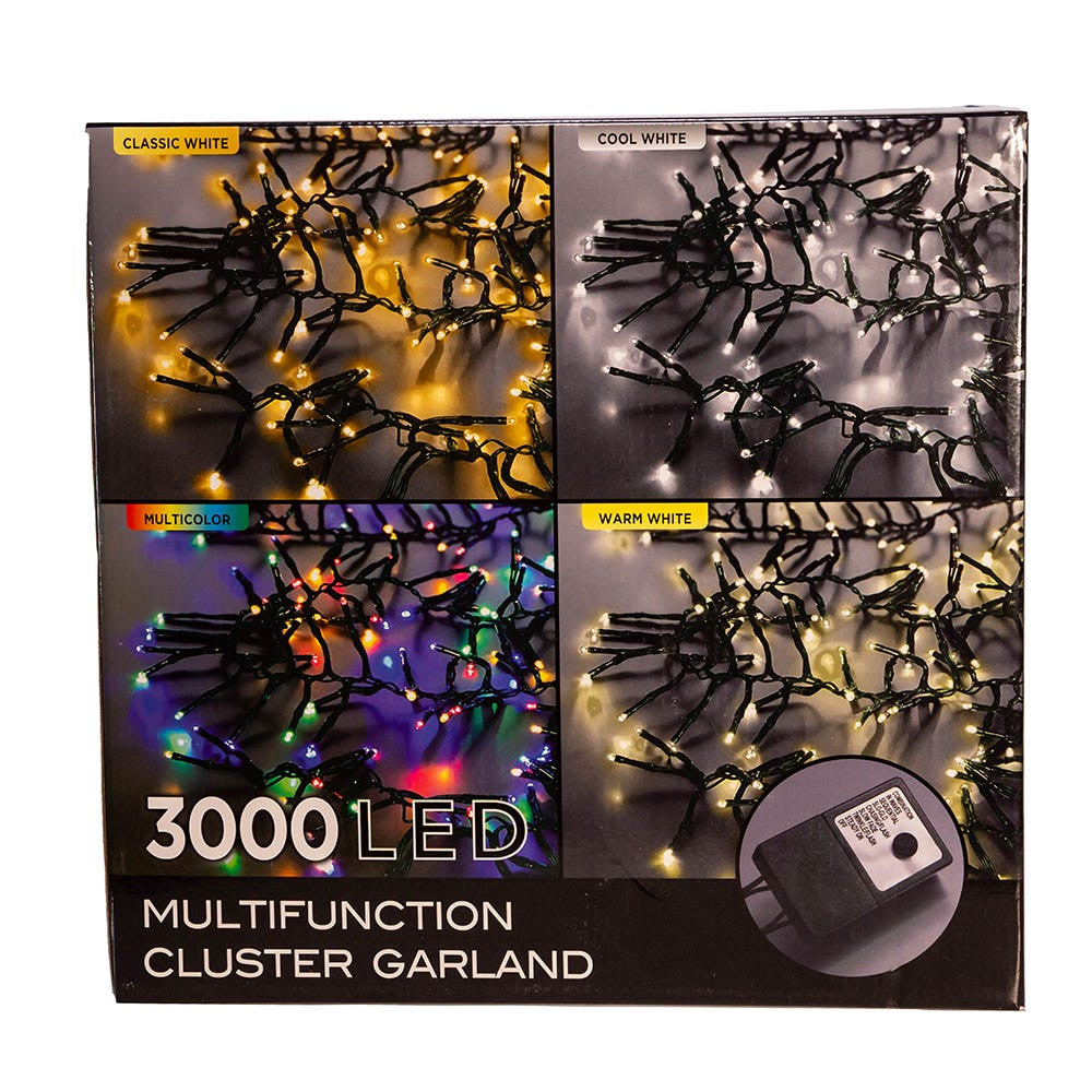 98' 3,000L Warm White LED Multifunction Connectible Cluster Garland