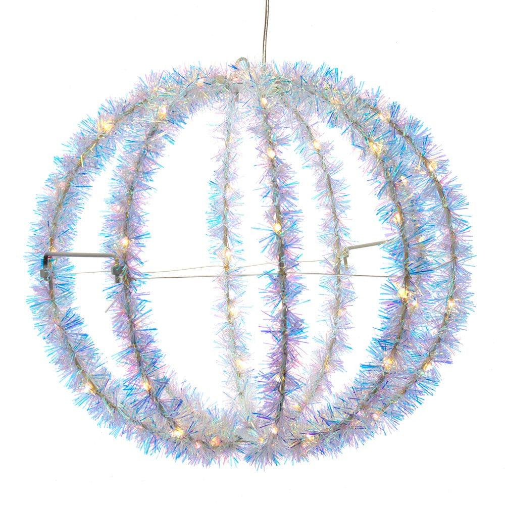 12" 100L Warm White Superbright LED Iridescent Silver Tinsel Foldable Metal Sphere