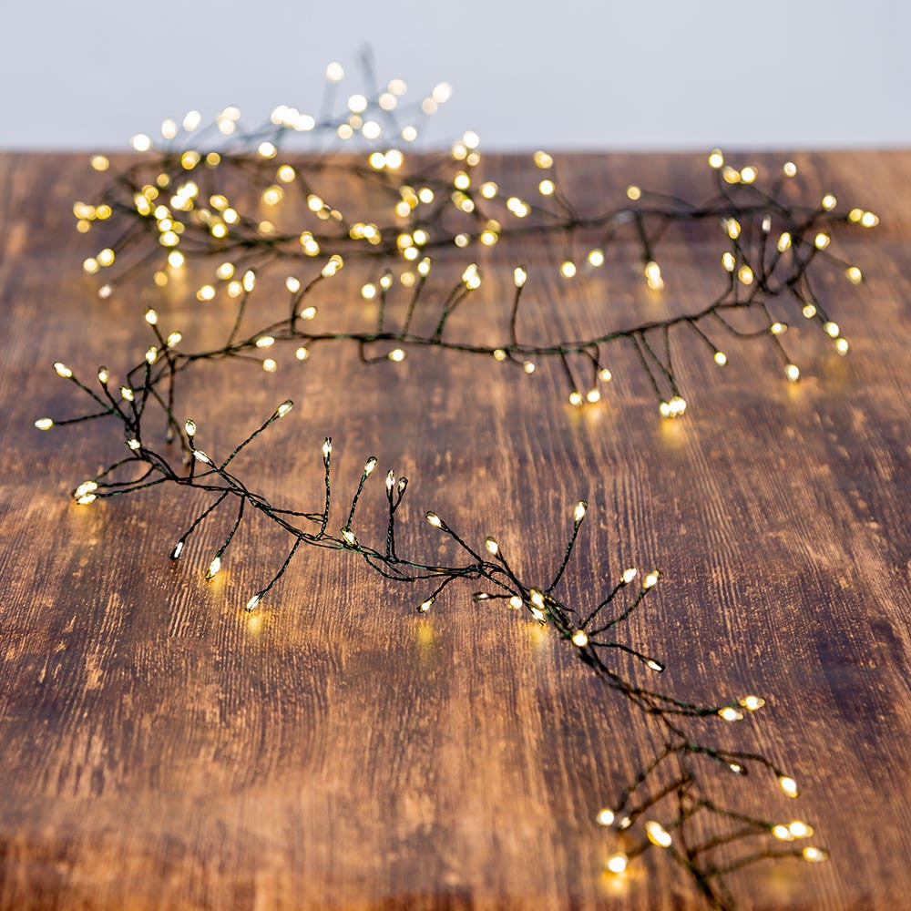 8' 240L Warm White Fairy Twinkle LED Green Wire Cluster Garland