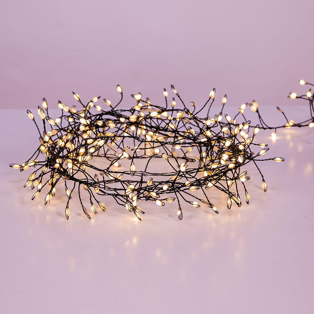 9.8' 300L Warm White Superbright Twinkle LED Green Wire Cluster Garland