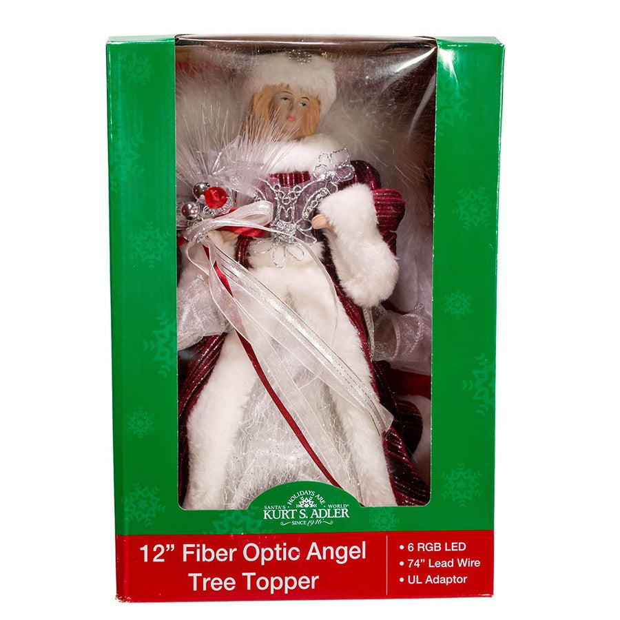 12" 7L Color Changing LED Fiber-Optic Silver and Burgundy Angel Treetop