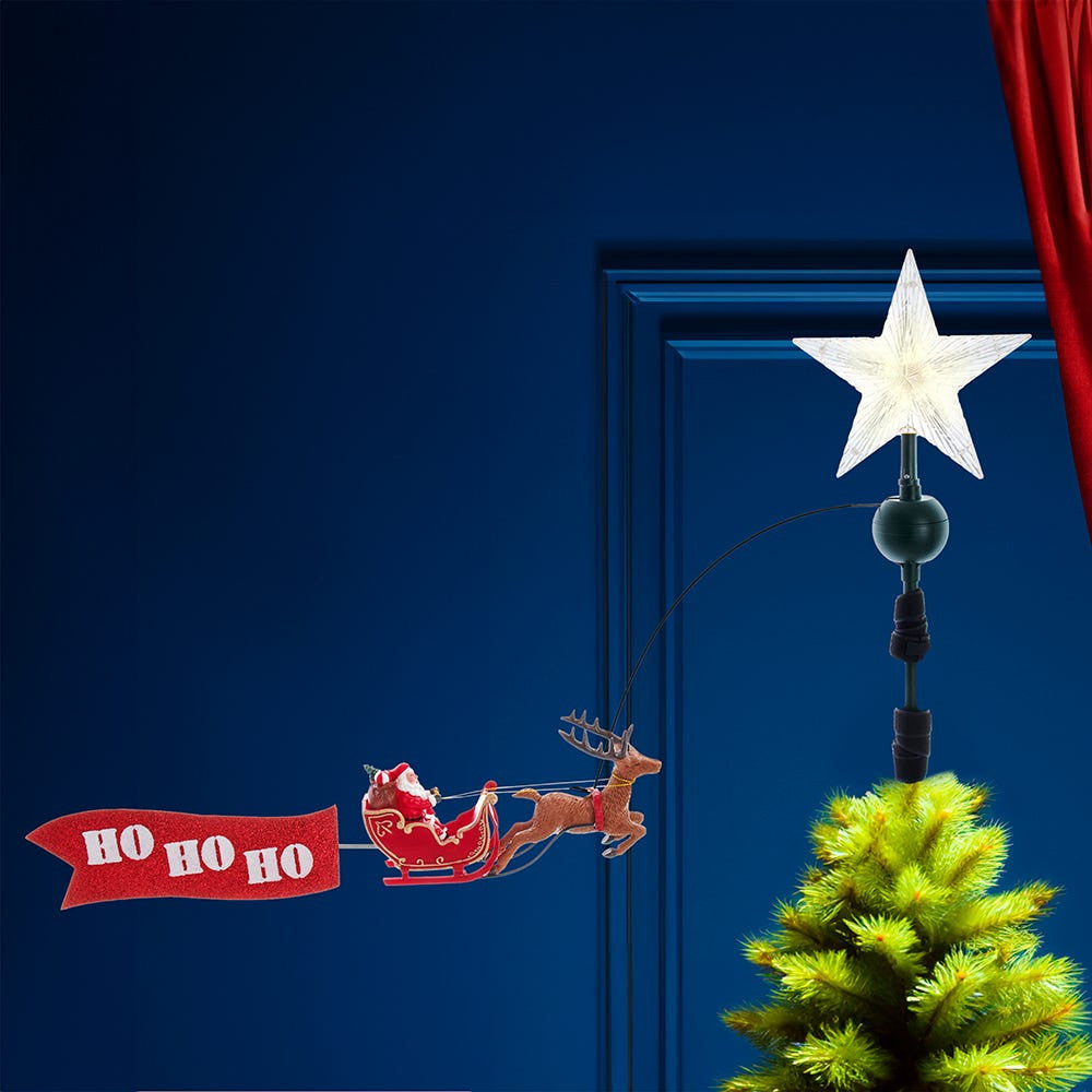 19.7" 5L Warm White LED Star With Rotating Santa and Sleigh Treetop