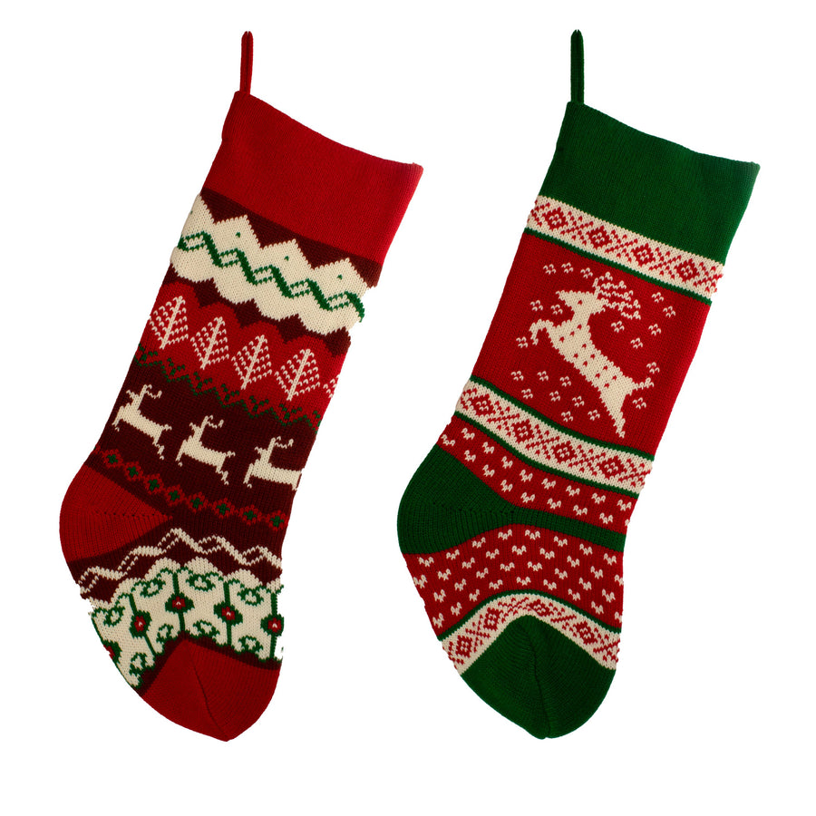 Red, Green and Ivory Knit Reindeer Stockings
