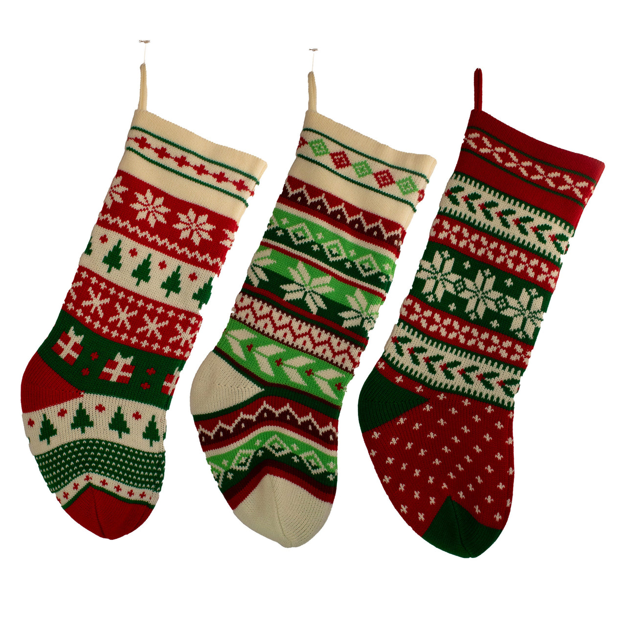 Red, Green and Ivory Knit Snowflake and Christmas Tree Stockings