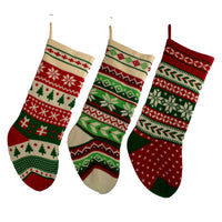 Red, Green and Ivory Knit Snowflake and Christmas Tree Stockings