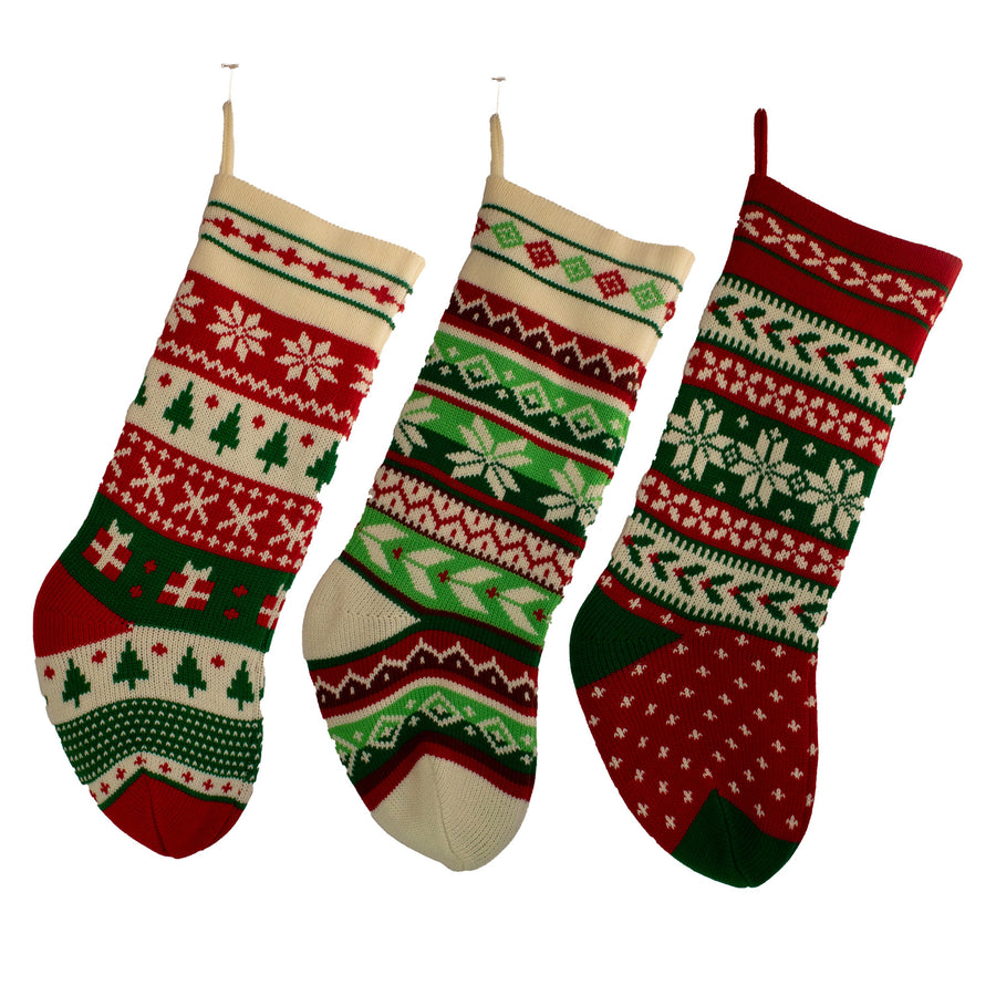 Red, Green and Ivory Knit Snowflake and Christmas Tree Stockings