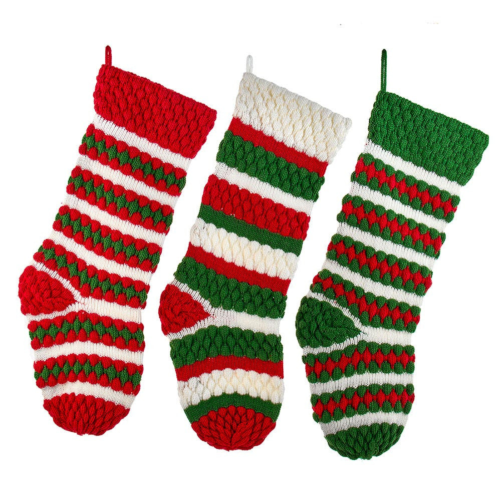 20“ Red, Green and White Striped Knit Stockings