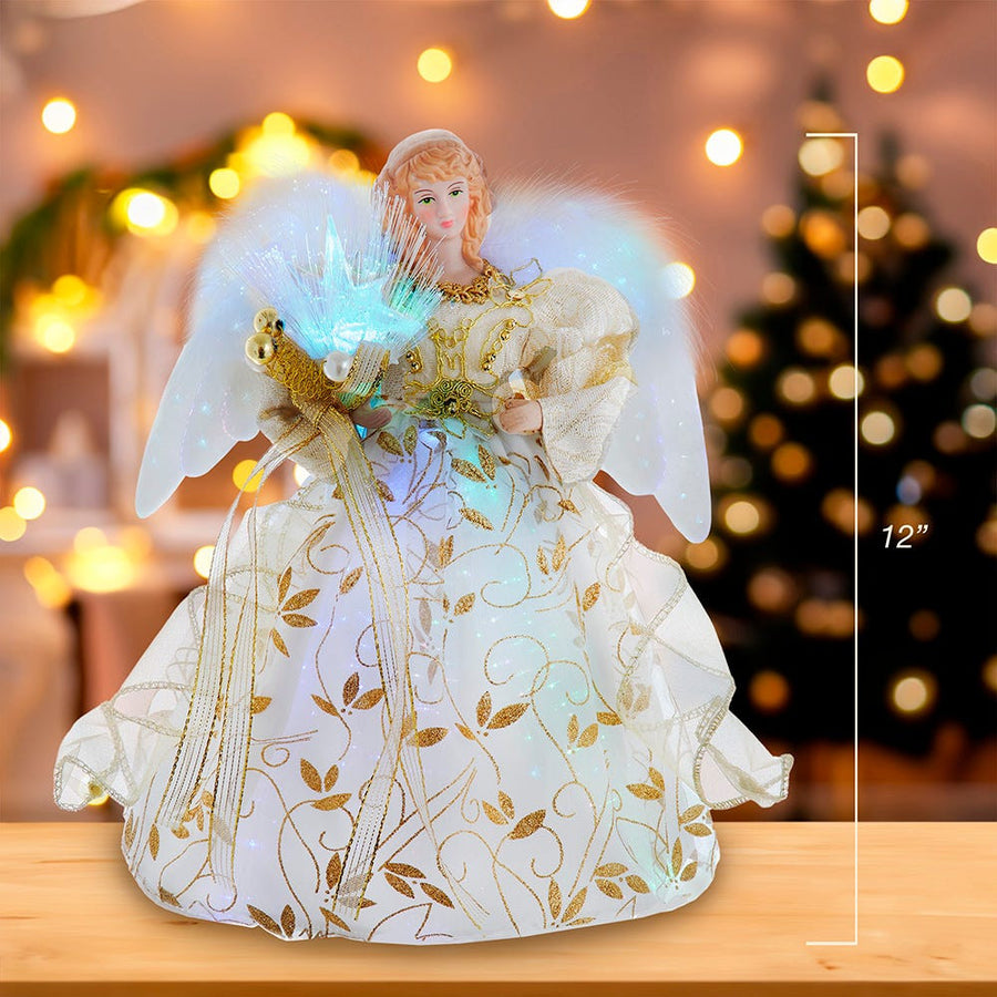 12" Battery-Operated Fiber Optic Gold Angel Treetop with Color Changing LED Lights