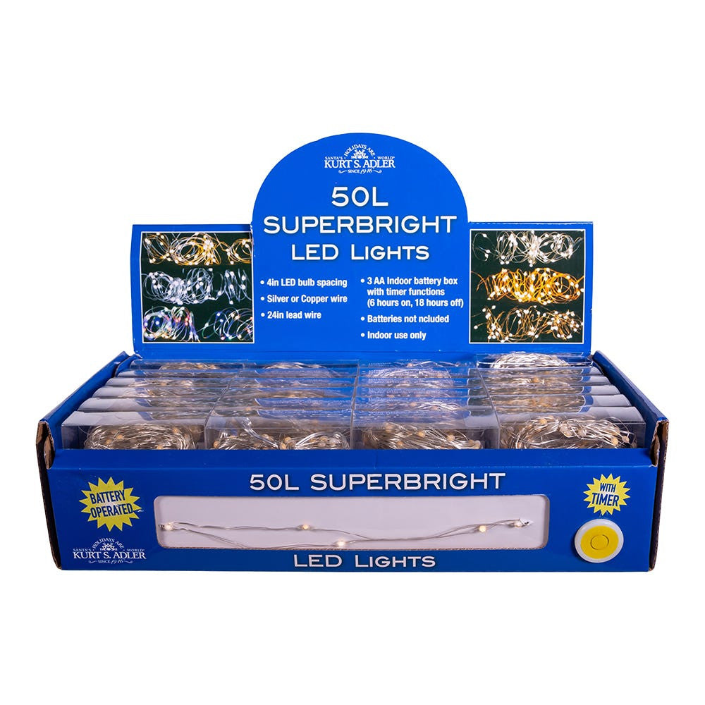 16.3' Battery Operated 50L Classic White Superbright LED Silver Wire Light Set In PDQ