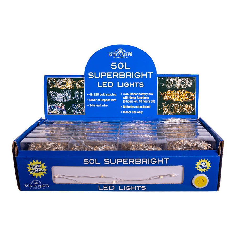 16.3' Battery Operated 50L Classic White Superbright LED Silver Wire Light Set In PDQ