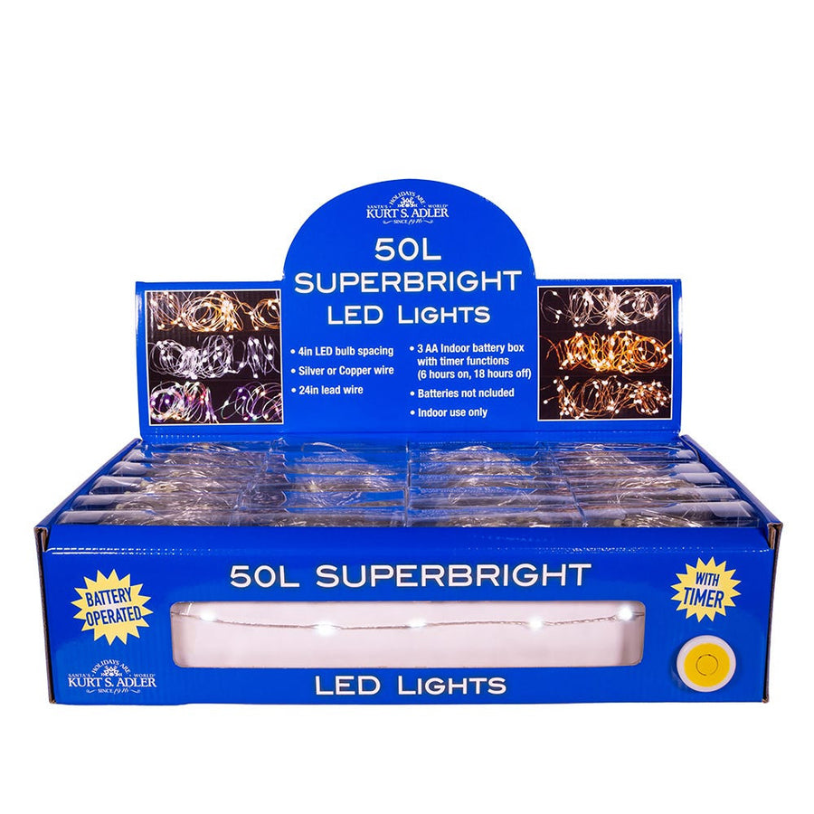 16.3' Battery Operated 50L Cool White Superbright LED Silver Wire Light Set In PDQ
