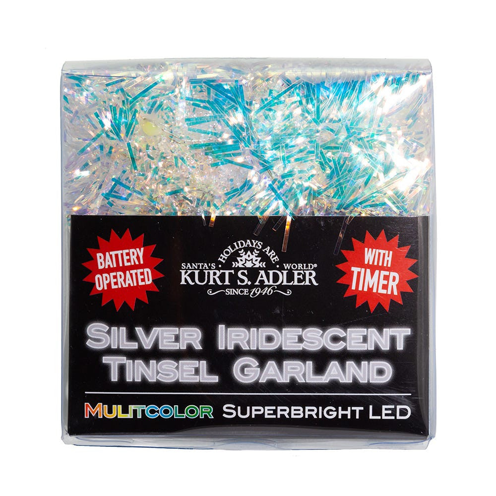 6.3' Battery Operated 20L Multicolor Superbright LED Silver Iridescent Tinsel Garland In PDQ