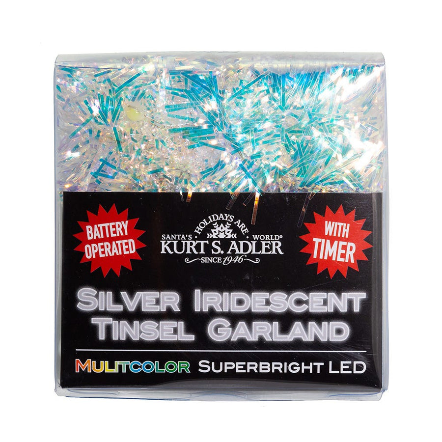 6.3' Battery Operated 20L Multicolor Superbright LED Silver Iridescent Tinsel Garland In PDQ