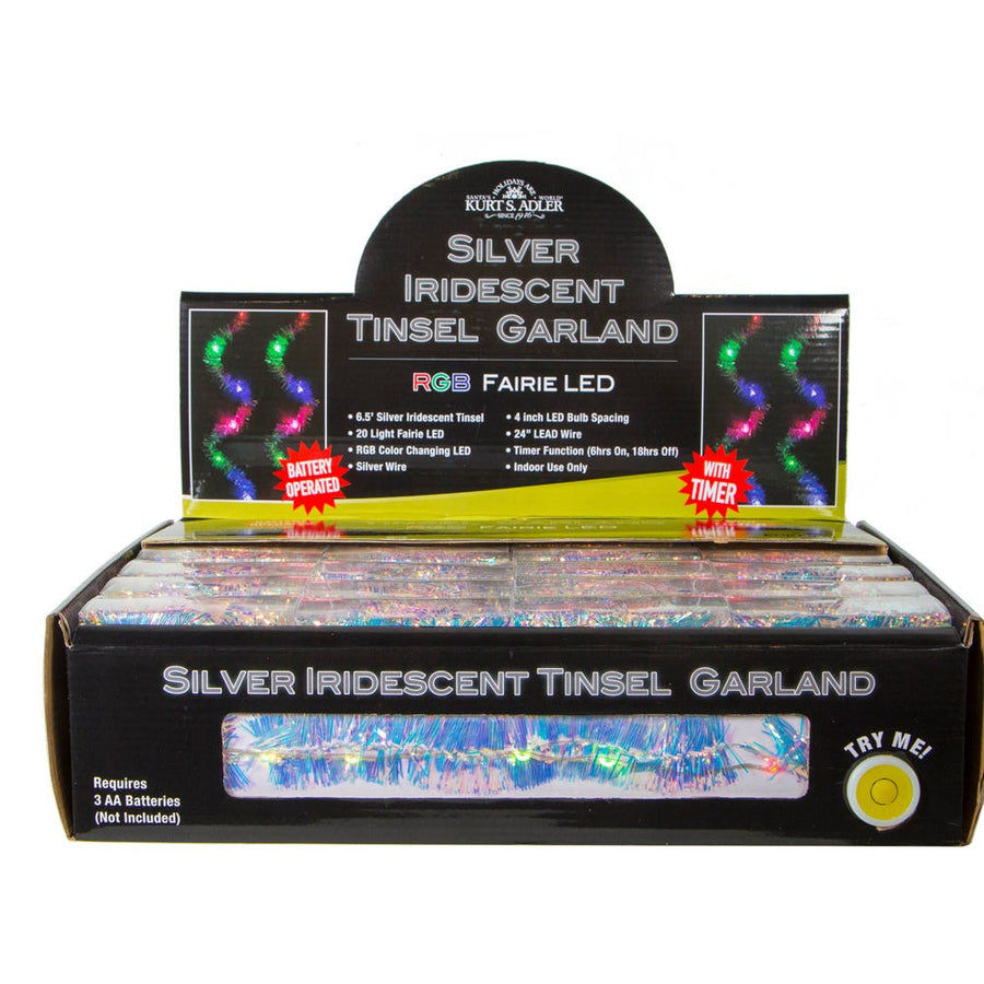 6.3' 20L RGB Superbright LED Silver Iridescent Tinsel Garland In PDQ