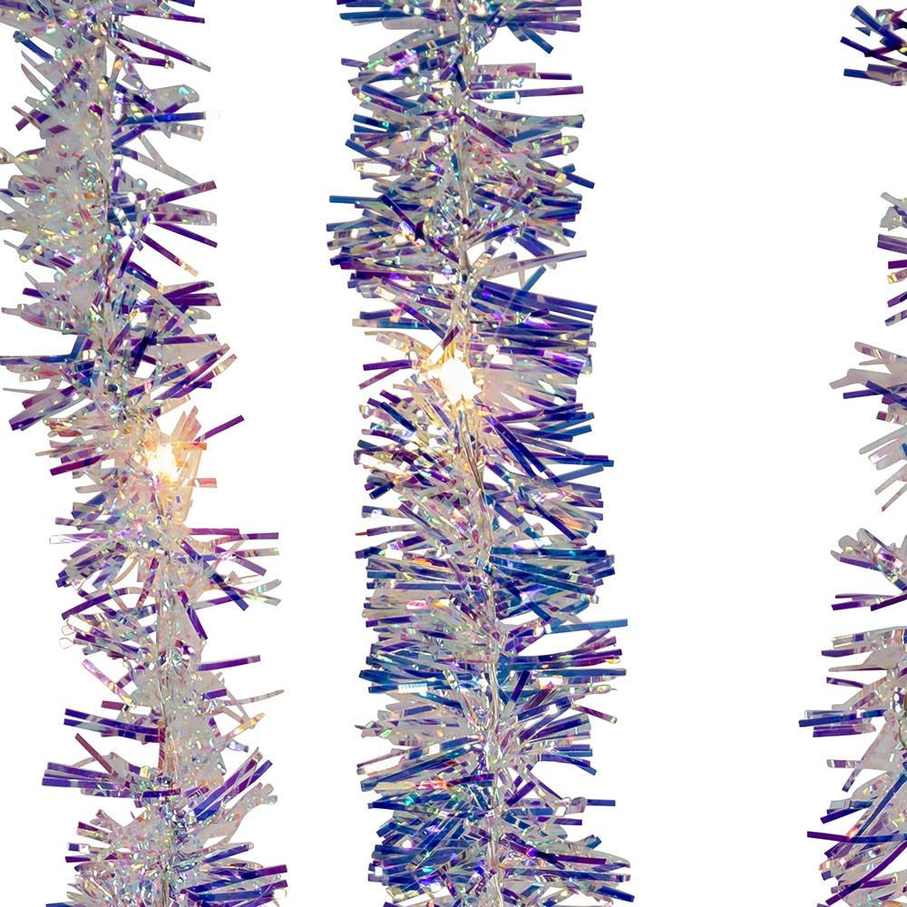 6.3' Battery Operated 20L Warm White Superbright LED Silver Iridescent Tinsel Garland In PDQ