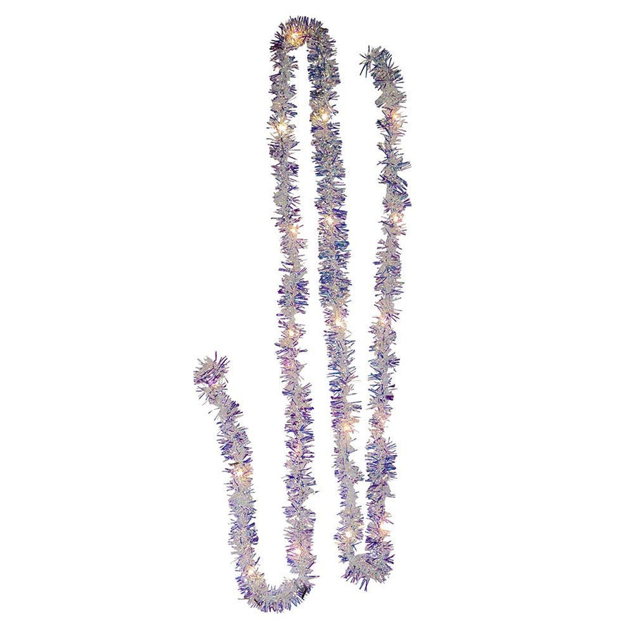 6.3' Battery Operated 20L Warm White Superbright LED Silver Iridescent Tinsel Garland In PDQ