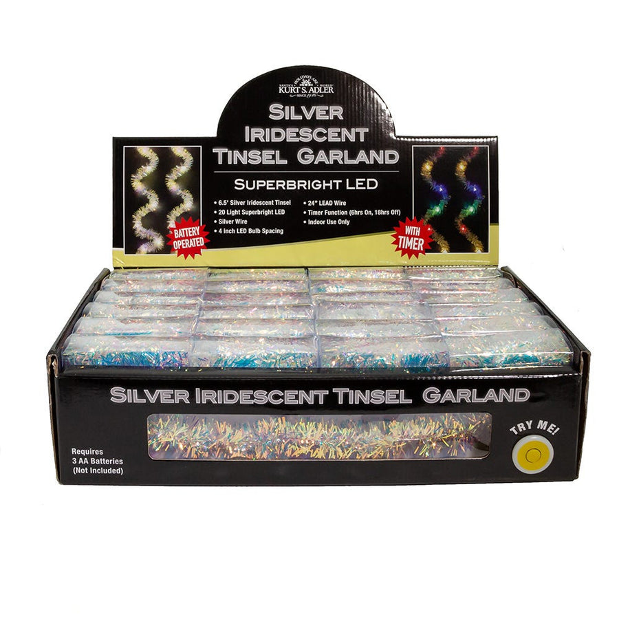 6.3' Battery Operated 20L Warm White Superbright LED Silver Iridescent Tinsel Garland In PDQ