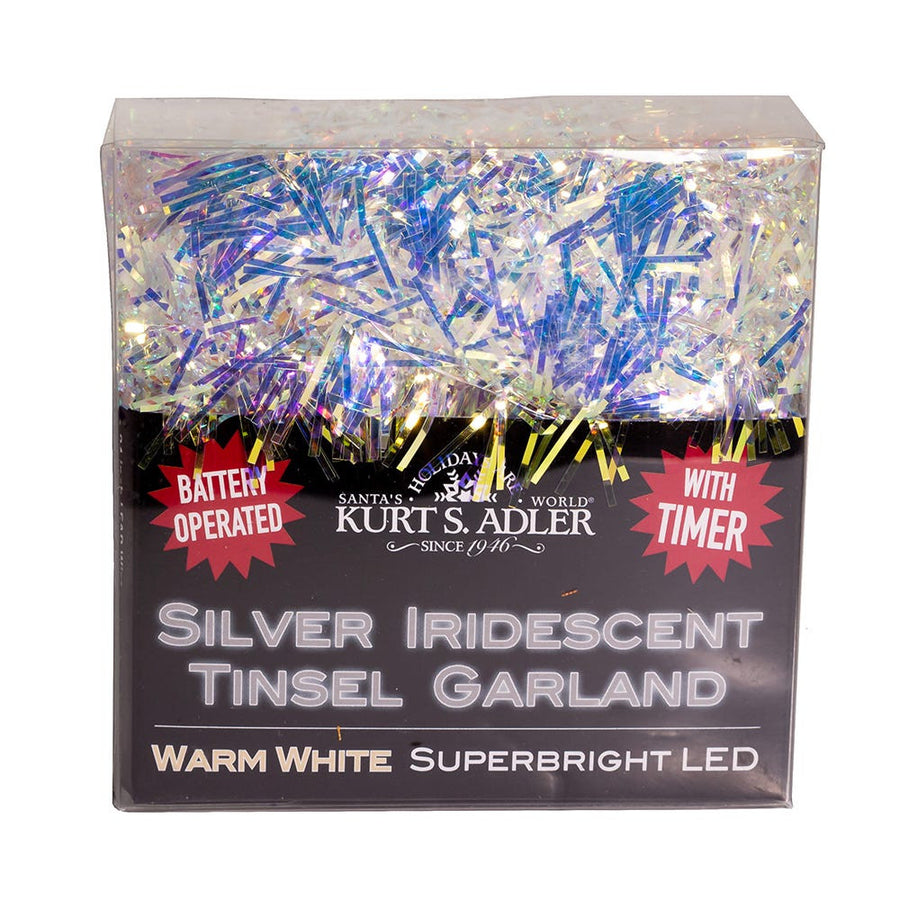 6.3' Battery Operated 20L Warm White Superbright LED Silver Iridescent Tinsel Garland In PDQ
