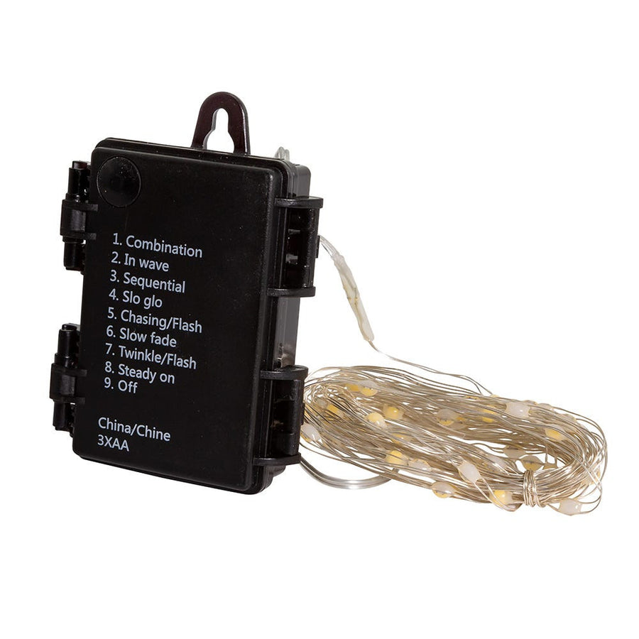16.3' Battery Operated 50L Multifunction Warm White Superbright LED Silver Wire Light Set + Remote In PDQ