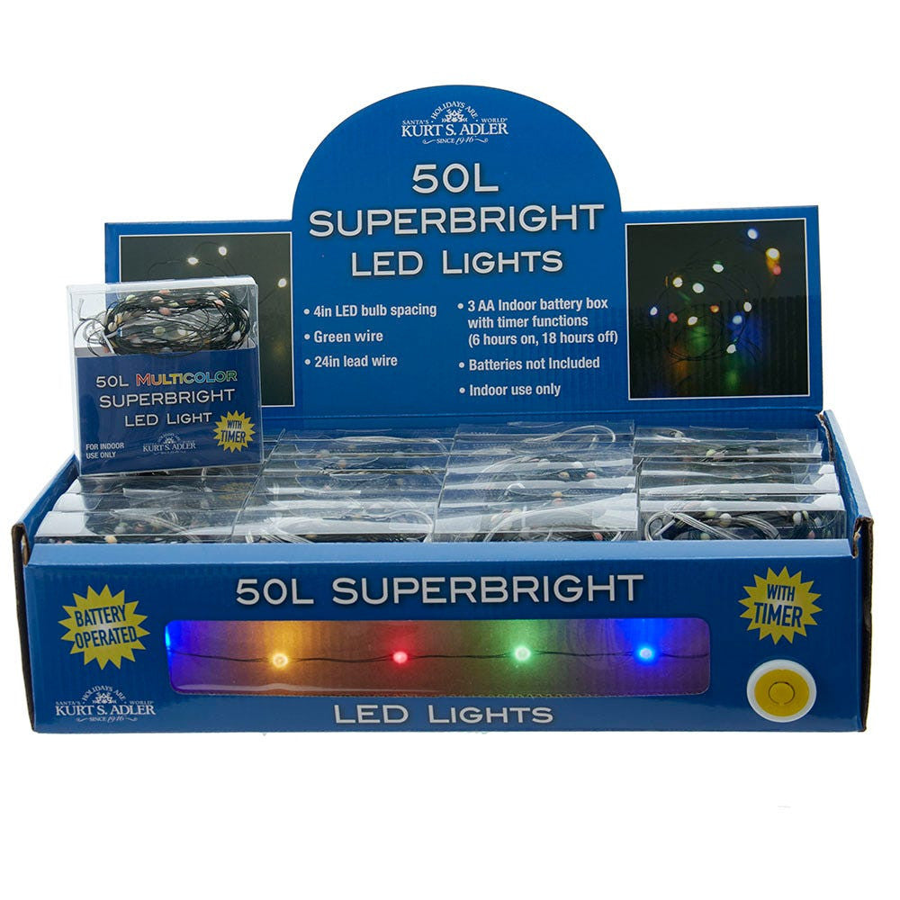 16.3' Battery Operated 50L Multicolor Superbright LED Green Wire Light Set In PDQ