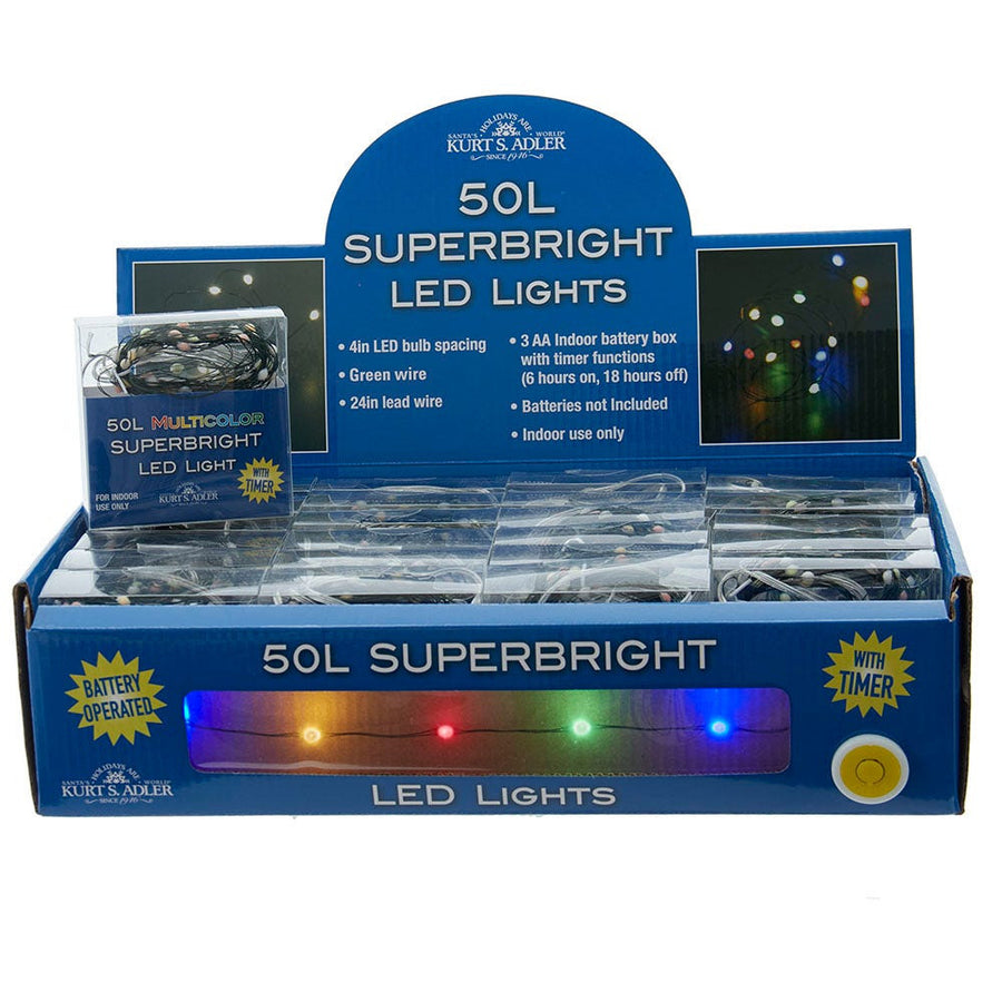 16.3' Battery Operated 50L Multicolor Superbright LED Green Wire Light Set In PDQ
