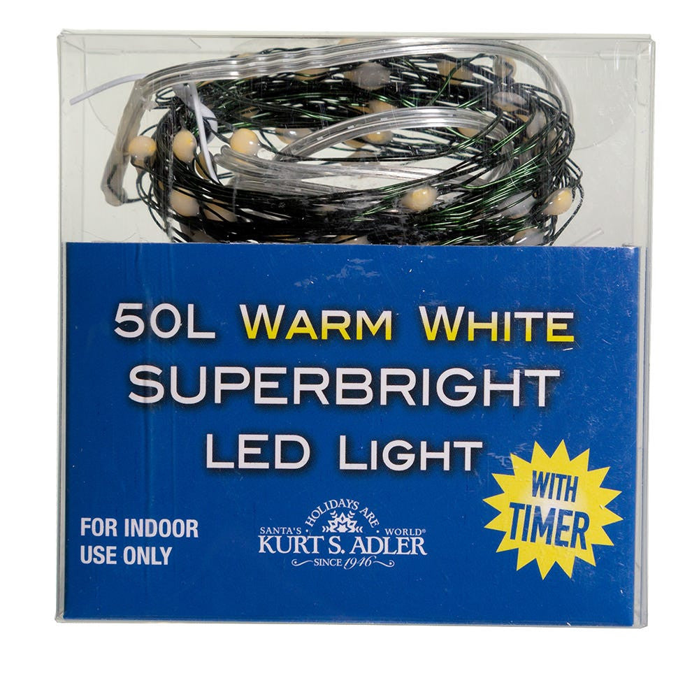 16.3' Battery Operated 50L Warm White Superbright LED Green Wire Light Set In PDQ
