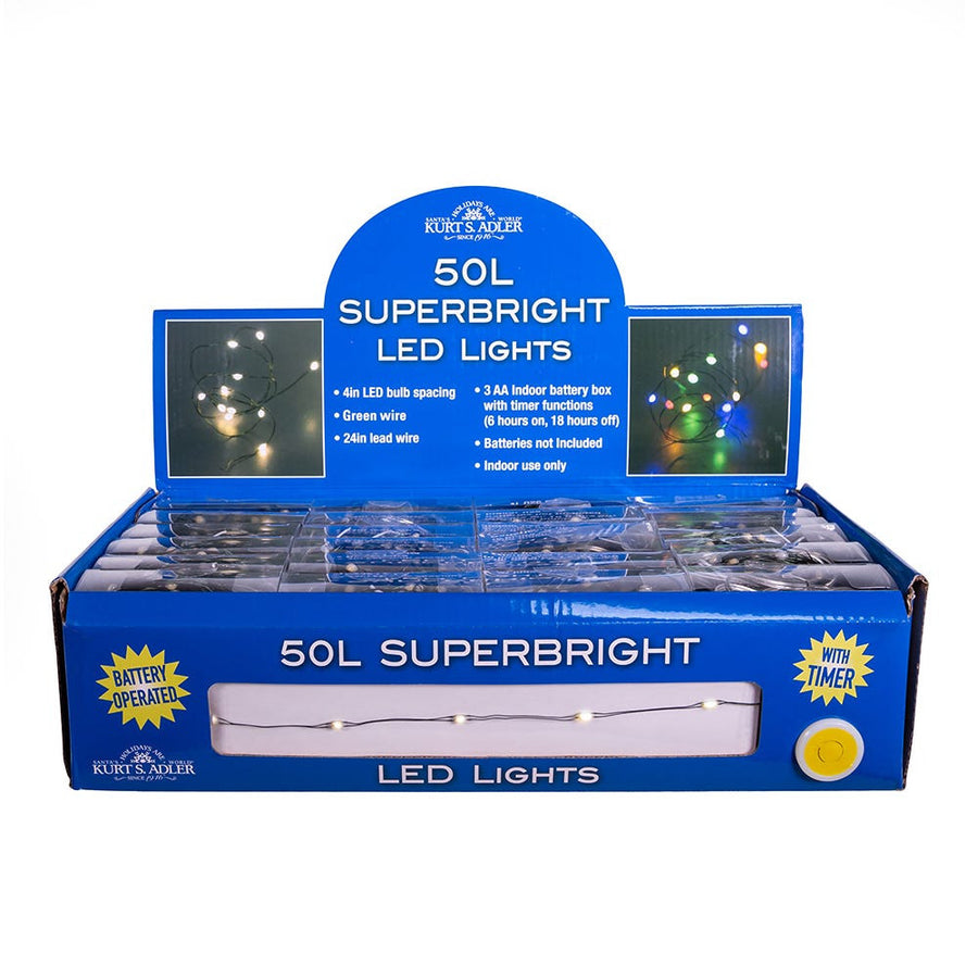 16.3' Battery Operated 50L Warm White Superbright LED Green Wire Light Set In PDQ