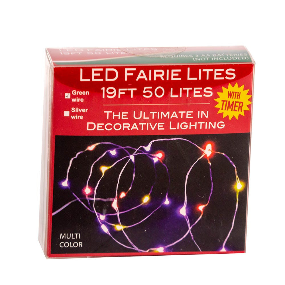 16.3' Battery Operated 50L Multicolor Fairy LED Green Wire Light Set In PDQ