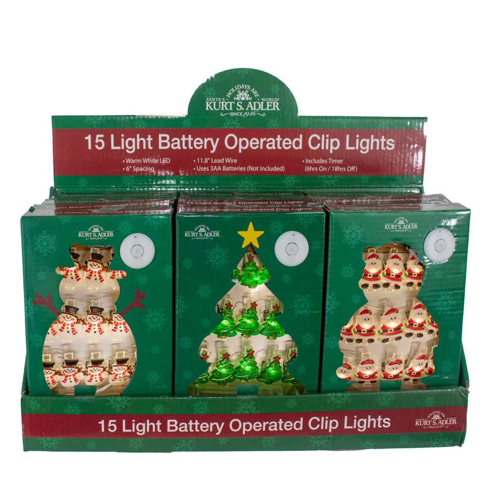 7' Battery Operated 15L Santa, Snowman & Christmas Tree Fairy Clip Lights In PDQ
