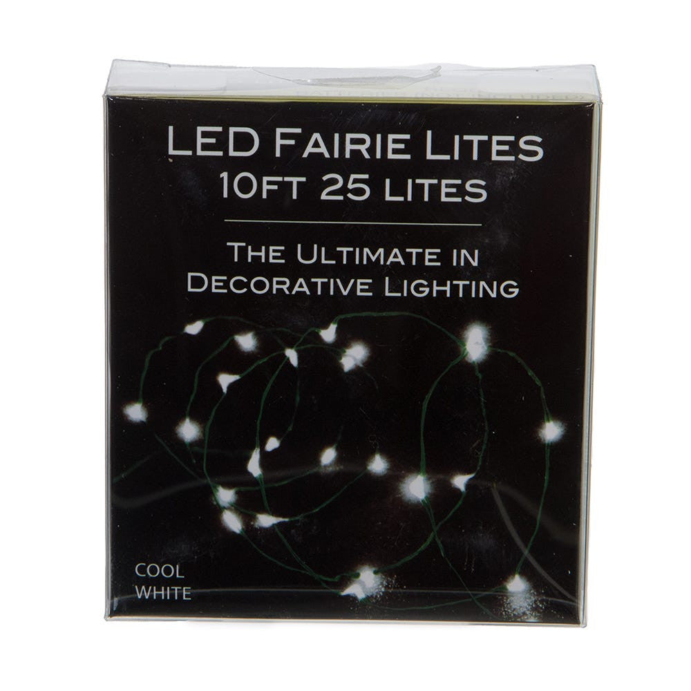 8' Battery Operated 25L Cool White Fairy LED Green Wire Light Set In PDQ