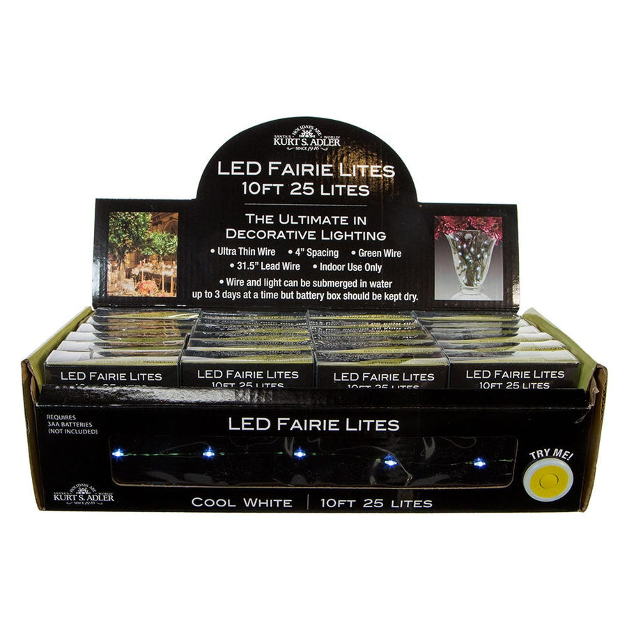 8' Battery Operated 25L Cool White Fairy LED Green Wire Light Set In PDQ