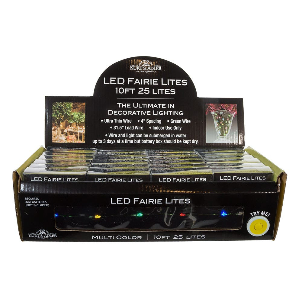 8' Battery Operated 25L Multicolor Fairy LED Green Wire Light Set In PDQ