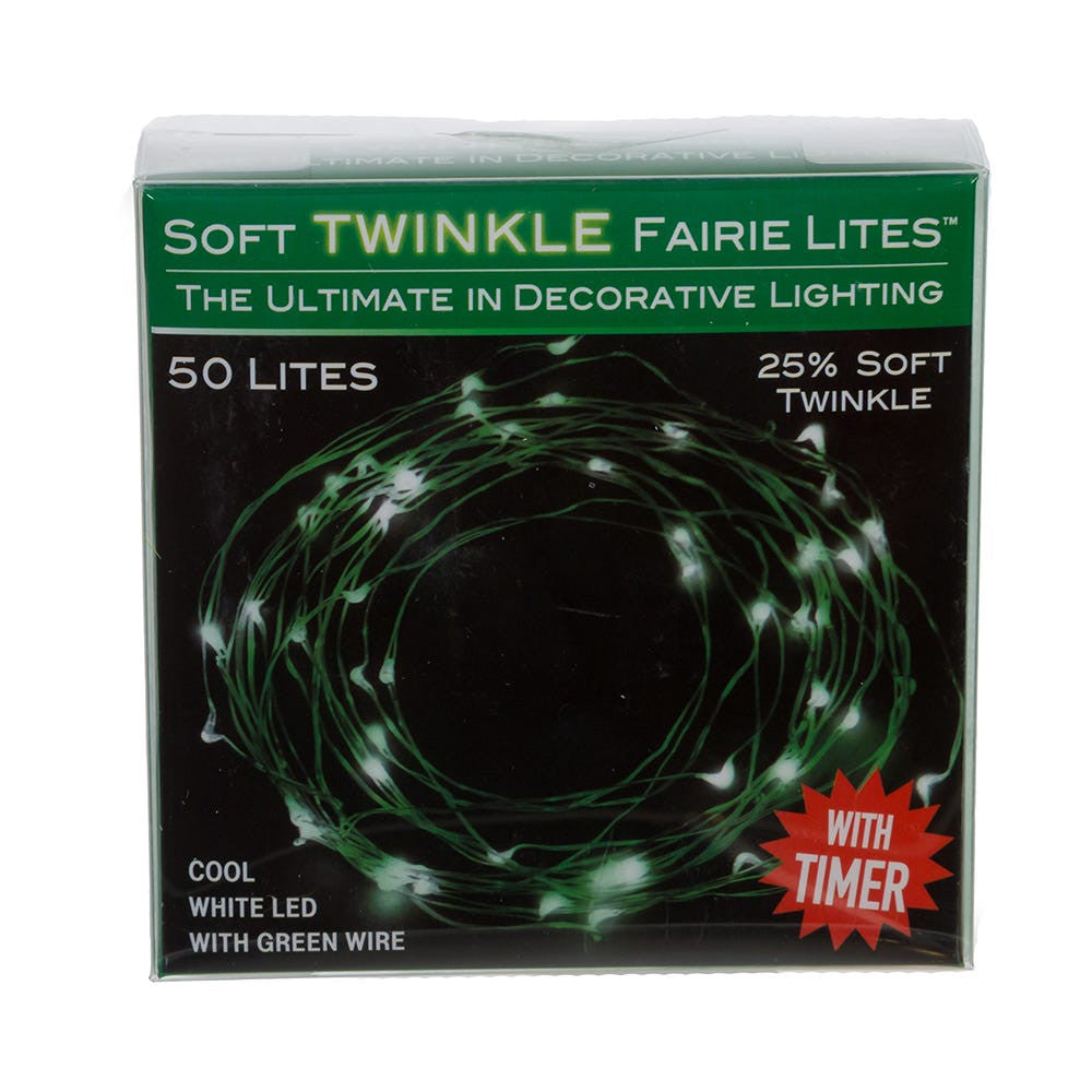 16.3' Battery Operated 50L Cool White Soft Twinkle Fairy LED Green Wire Light Set In PDQ